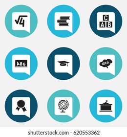 Set Of 9 Editable University Icons. Includes Symbols Such As Alphabet Cube, Mind, Graduation Hat And More. Can Be Used For Web, Mobile, UI And Infographic Design.