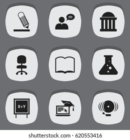 Set Of 9 Editable University Icons. Includes Symbols Such As Writing, Blackboard, Book And More. Can Be Used For Web, Mobile, UI And Infographic Design.