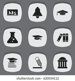 Set Of 9 Editable University Icons. Includes Symbols Such As Education, School Board, Bookshelf And More. Can Be Used For Web, Mobile, UI And Infographic Design.
