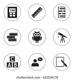 Set Of 9 Editable University Icons. Includes Symbols Such As Alphabet Cube, Straightedge, Arithmetic And More. Can Be Used For Web, Mobile, UI And Infographic Design.