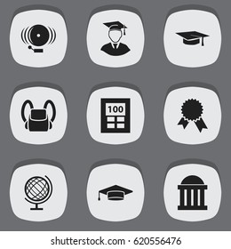 Set Of 9 Editable University Icons. Includes Symbols Such As Schoolbag, Graduate, Earth Planet And More. Can Be Used For Web, Mobile, UI And Infographic Design.