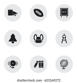 Set Of 9 Editable University Icons. Includes Symbols Such As Bookshelf, Oval Ball, Blackboard And More. Can Be Used For Web, Mobile, UI And Infographic Design.