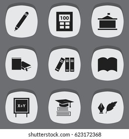 Set Of 9 Editable University Icons. Includes Symbols Such As Pencil, Bookshelf, Blackboard And More. Can Be Used For Web, Mobile, UI And Infographic Design.