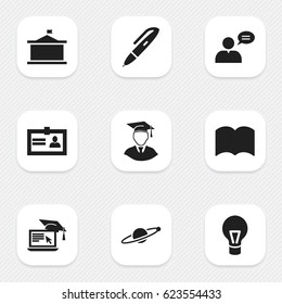 Set Of 9 Editable University Icons. Includes Symbols Such As Lamp, Thinking Man, Pen And More. Can Be Used For Web, Mobile, UI And Infographic Design.