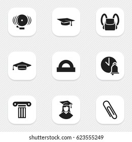 Set Of 9 Editable University Icons. Includes Symbols Such As Graduated Female, School Bell, Schoolbag And More. Can Be Used For Web, Mobile, UI And Infographic Design.