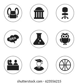 Set Of 9 Editable University Icons. Includes Symbols Such As Diplomaed Male, Chemistry, Night Fowl And More. Can Be Used For Web, Mobile, UI And Infographic Design.