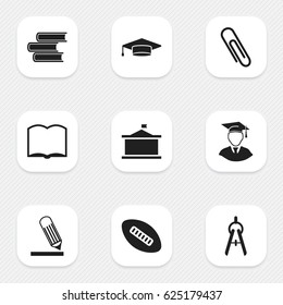 Set Of 9 Editable University Icons. Includes Symbols Such As Book, Oval Ball, Math Tool And More. Can Be Used For Web, Mobile, UI And Infographic Design.