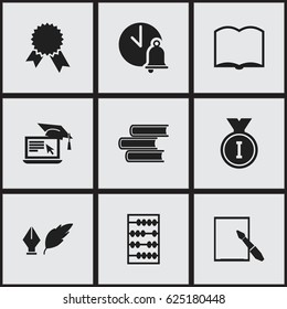 Set Of 9 Editable University Icons. Includes Symbols Such As Victory Medallion, Literature, Library And More. Can Be Used For Web, Mobile, UI And Infographic Design.
