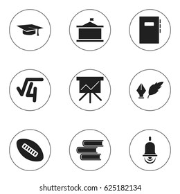 Set Of 9 Editable University Icons. Includes Symbols Such As Oval Ball, Alarm Bell, Chart Board And More. Can Be Used For Web, Mobile, UI And Infographic Design.