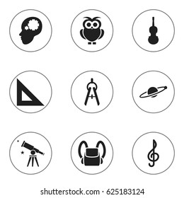 Set Of 9 Editable University Icons. Includes Symbols Such As Binoculars, Trigon Straightedge, Astrology And More. Can Be Used For Web, Mobile, UI And Infographic Design.