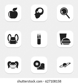Set Of 9 Editable University Icons. Includes Symbols Such As Pen Case, Fresh Fruit, Astrology And More. Can Be Used For Web, Mobile, UI And Infographic Design.