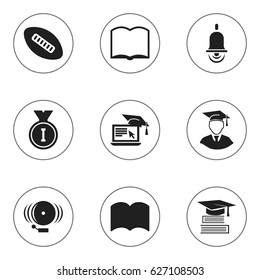 Set Of 9 Editable University Icons. Includes Symbols Such As Oval Ball, Ring, Alarm Bell And More. Can Be Used For Web, Mobile, UI And Infographic Design.