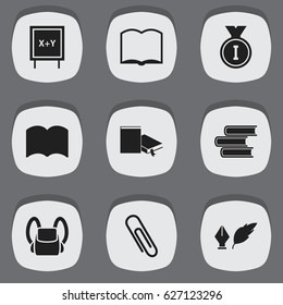 Set Of 9 Editable University Icons. Includes Symbols Such As Dictionary, Literature, Blackboard And More. Can Be Used For Web, Mobile, UI And Infographic Design.