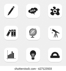 Set Of 9 Editable University Icons. Includes Symbols Such As Graph, Bookshelf, Omelette And More. Can Be Used For Web, Mobile, UI And Infographic Design.