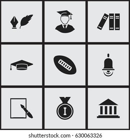 Set Of 9 Editable University Icons. Includes Symbols Such As Bookshelf, Museum, Literature And More. Can Be Used For Web, Mobile, UI And Infographic Design.