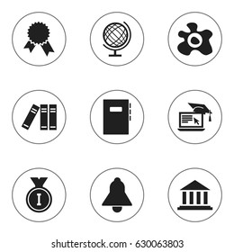 Set Of 9 Editable University Icons. Includes Symbols Such As Omelette, Workbook, Distance Learning And More. Can Be Used For Web, Mobile, UI And Infographic Design.