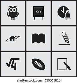Set Of 9 Editable University Icons. Includes Symbols Such As Math Root, Notepaper, Oval Ball And More. Can Be Used For Web, Mobile, UI And Infographic Design.