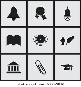 Set Of 9 Editable University Icons. Includes Symbols Such As Museum, Alarm Bell, Literature And More. Can Be Used For Web, Mobile, UI And Infographic Design.
