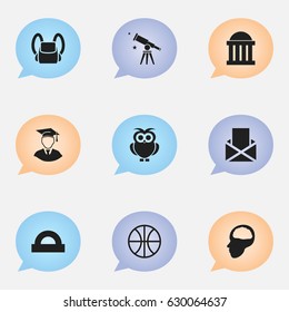 Set Of 9 Editable University Icons. Includes Symbols Such As Courtroom, Night Fowl, Cerebrum And More. Can Be Used For Web, Mobile, UI And Infographic Design.