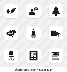 Set Of 9 Editable University Icons. Includes Symbols Such As Education, Work Seat, Calculator And More. Can Be Used For Web, Mobile, UI And Infographic Design.