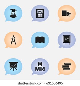 Set Of 9 Editable University Icons. Includes Symbols Such As Calculator, Alphabet Cube, Blackboard And More. Can Be Used For Web, Mobile, UI And Infographic Design.