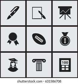 Set Of 9 Editable University Icons. Includes Symbols Such As Calculator, Oval Ball, Notepaper And More. Can Be Used For Web, Mobile, UI And Infographic Design.