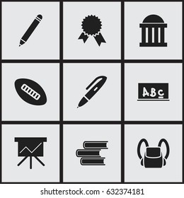 Set Of 9 Editable University Icons. Includes Symbols Such As Pen, Chart Board, Courtroom And More. Can Be Used For Web, Mobile, UI And Infographic Design.