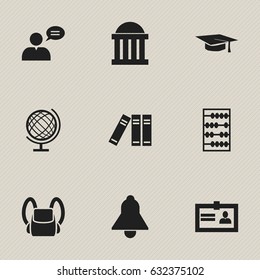Set Of 9 Editable University Icons. Includes Symbols Such As Certification, Thinking Man, Earth Planet And More. Can Be Used For Web, Mobile, UI And Infographic Design.