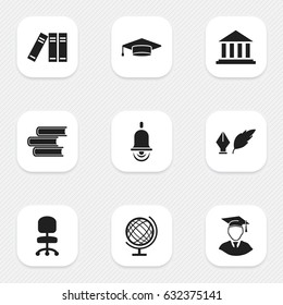 Set Of 9 Editable University Icons. Includes Symbols Such As Work Seat, Bookshelf, Earth Planet And More. Can Be Used For Web, Mobile, UI And Infographic Design.