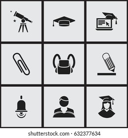 Set Of 9 Editable University Icons. Includes Symbols Such As Studying Boy, Alarm Bell, Graduate And More. Can Be Used For Web, Mobile, UI And Infographic Design.