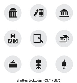 Set Of 9 Editable University Icons. Includes Symbols Such As Univercity, Museum, Distance Learning And More. Can Be Used For Web, Mobile, UI And Infographic Design.
