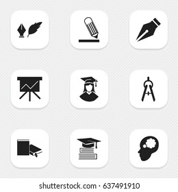 Set Of 9 Editable University Icons. Includes Symbols Such As Creative Idea, Education, Writing And More. Can Be Used For Web, Mobile, UI And Infographic Design.