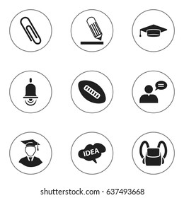 Set Of 9 Editable University Icons. Includes Symbols Such As Thinking Man, Oval Ball, Mind And More. Can Be Used For Web, Mobile, UI And Infographic Design.