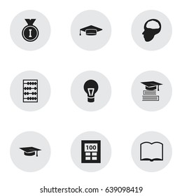 Set Of 9 Editable University Icons. Includes Symbols Such As Calculator, First Place, Book And More. Can Be Used For Web, Mobile, UI And Infographic Design.