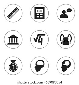 Set Of 9 Editable University Icons. Includes Symbols Such As Cerebrum, Straightedge, Calculator And More. Can Be Used For Web, Mobile, UI And Infographic Design.