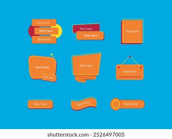 Conjunto de 9 etiquetas de Vector editables con opciones de texto personalizables, disponibles en vibrantes colores naranja, amarillo y rojo. Cada etiqueta viene en una forma única, perfecta para la marca, etiquetado de productos, etiquetas de Precio,