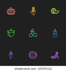 Set Of 9 Editable Vegetable Icons. Includes Symbols Such As Pecan, Plum, Peas And More. Can Be Used For Web, Mobile, UI And Infographic Design.