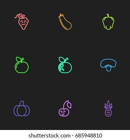 Set Of 9 Editable Vegetable Outline Icons. Includes Symbols Such As Eggplant, Pumpkin, Tree And More. Can Be Used For Web, Mobile, UI And Infographic Design.