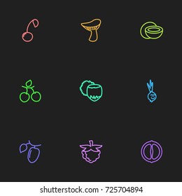 Set Of 9 Editable Vegetable Outline Icons. Includes Symbols Such As Mushroom, Mandarin, Comic Onion. Can Be Used For Web, Mobile, UI And Infographic Design.