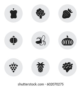 Set Of 9 Editable Vegetarian Icons. Includes Symbols Such As Cluster, Tropical Fruit, Strawberry And More. Can Be Used For Web, Mobile, UI And Infographic Design.