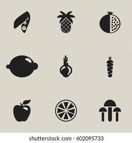 Set Of 9 Editable Vegetarian Icons. Includes Symbols Such As Lemon, Champignon, Sativum And More. Can Be Used For Web, Mobile, UI And Infographic Design.