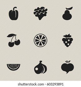 Set Of 9 Editable Vegetarian Icons. Includes Symbols Such As Cherry, Onion, Duchess And More. Can Be Used For Web, Mobile, UI And Infographic Design.