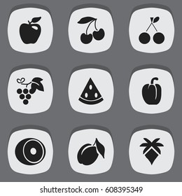 Set Of 9 Editable Vegetarian Icons. Includes Symbols Such As Cherry, Apricot, Lemon And More. Can Be Used For Web, Mobile, UI And Infographic Design.