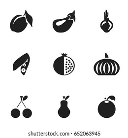 Set Of 9 Editable Vegetarian Icons. Includes Symbols Such As Sativum, Citrus, Apricot And More. Can Be Used For Web, Mobile, UI And Infographic Design.