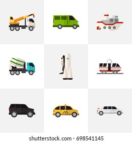 Set Of 9 Editable Vehicle Flat Icons. Includes Symbols Such As Streetcar, Limousine, Hoisting Machine And More. Can Be Used For Web, Mobile, UI And Infographic Design.