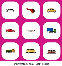 Set Of 9 Editable Vehicle Flat Icons. Includes Symbols Such As Sport Car, Streetcar, Cab And More. Can Be Used For Web, Mobile, UI And Infographic Design.