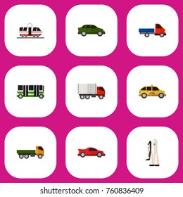 Set Of 9 Editable Vehicle Flat Icons. Includes Symbols Such As Truck, Cab, Sport Car And More. Can Be Used For Web, Mobile, UI And Infographic Design.
