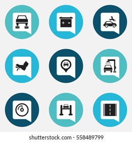 Set Of 9 Editable Vehicle Icons. Includes Symbols Such As Highway, Speed Display, Auto Repair And More. Can Be Used For Web, Mobile, UI And Infographic Design.