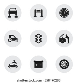 Set Of 9 Editable Vehicle Icons. Includes Symbols Such As Vehicle Car, Accumulator, Car Fixing And More. Can Be Used For Web, Mobile, UI And Infographic Design.