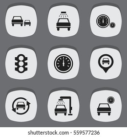 Set Of 9 Editable Vehicle Icons. Includes Symbols Such As Stoplight, Tuning Auto, Speedometer And More. Can Be Used For Web, Mobile, UI And Infographic Design.